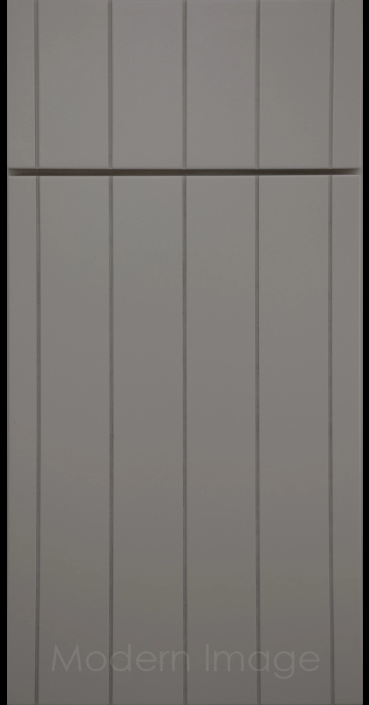 Brooklyn Flat-Panel Cabinet Door with 5 evenly spaced Vertical Grooves, Gray color.